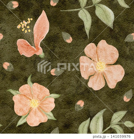 Seamless watercolor floral pattern, small peach blossoms scattered on deep olive. Minimal botanical surface design for fashion textiles, fabric printing, packaging, stationery, modern lifestyle Seamless watercolor floral pattern, small peach blossoms scattered on deep olive. Minimal botanical surface design for fashion textiles, fabric printing, packaging, stationery, modern lifestyle 141039976