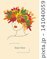 Minimal continuous-line portrait of a woman wearing a voluminous crown of autumn leaves, berries, and foliage in warm orange, red, yellow and green tones 141040059