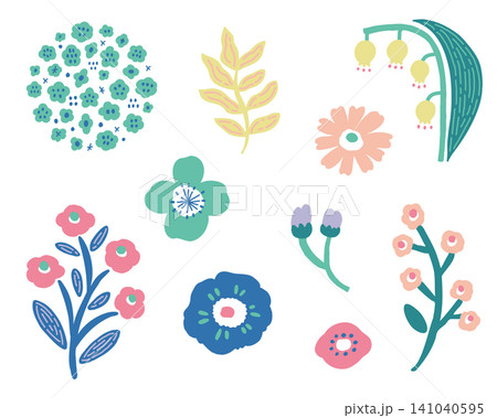 北欧風のカラフルなお花と植物のイラスト素材セット線なし 北欧風のカラフルなお花と植物のイラスト素材セット線なし 141040595