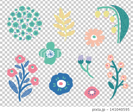 北欧風のカラフルなお花と植物のイラスト素材セット線なし 北欧風のカラフルなお花と植物のイラスト素材セット線なし 141040595