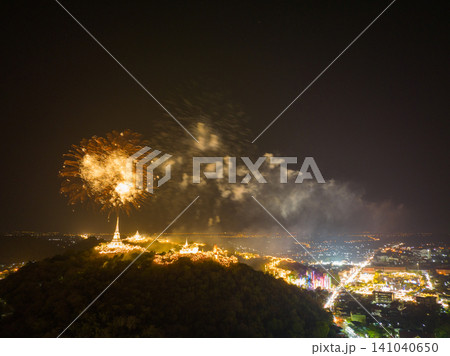 Fireworks Over Illuminated Hilltop Temple 141040650