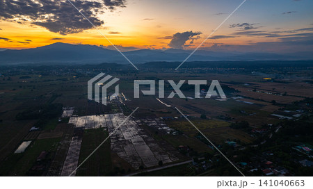 aerial view of colorful sky above the mountain. 141040663
