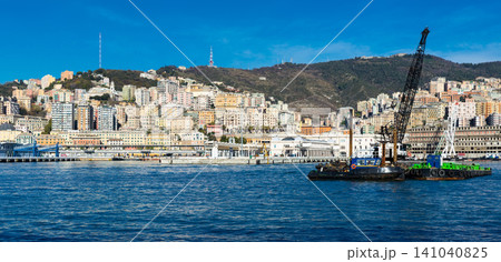Panorama of Old Port of Genoa with floating crane Panorama of Old Port of Genoa with floating crane 141040825