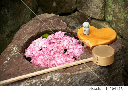 手水舎に浮かぶ紫陽花の花びら 141041484