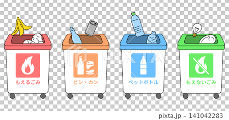 Garbage sorting bins and illustration set (burnable waste, bottles and cans, plastic bottles, non-burnable waste) Garbage sorting bins and illustration set (burnable waste, bottles and cans, plastic bottles, non-burnable waste) 141042283
