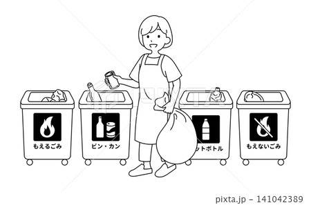 4種類のごみ箱の前でごみの分別方法を考える主婦・女性の線画イラスト 4種類のごみ箱の前でごみの分別方法を考える主婦・女性の線画イラスト 141042389