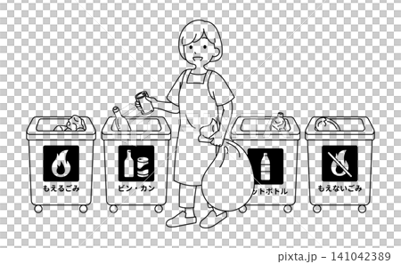 一幅線條畫插圖,描繪了一位家庭主婦/婦女在四個不同的垃圾桶前思考如何對垃圾進行分類。 一幅線條畫插圖,描繪了一位家庭主婦/婦女在四個不同的垃圾桶前思考如何對垃圾進行分類。 141042389