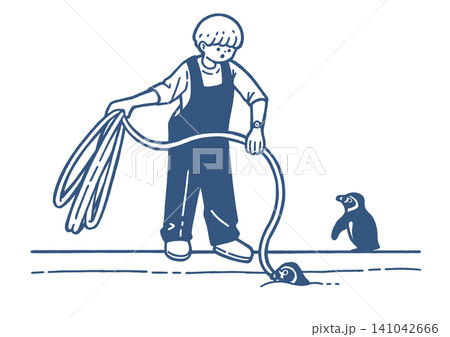 フンボルトペンギンの水槽を清掃している飼育員の青色イラスト フンボルトペンギンの水槽を清掃している飼育員の青色イラスト 141042666