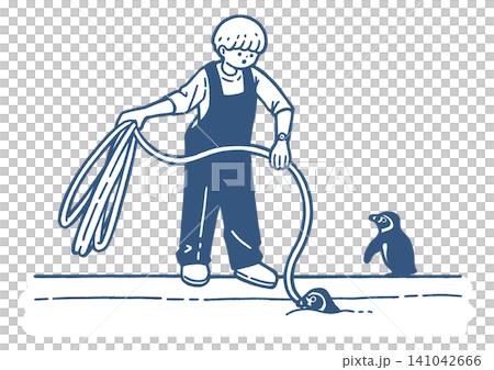 フンボルトペンギンの水槽を清掃している飼育員の青色イラスト フンボルトペンギンの水槽を清掃している飼育員の青色イラスト 141042666