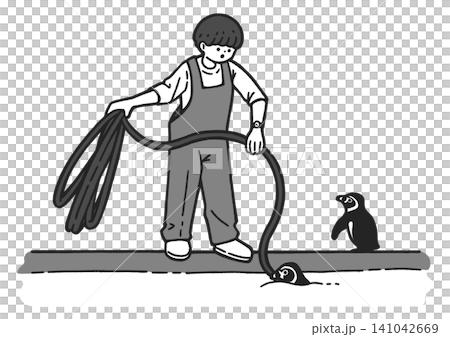 一幅黑白插圖,描繪了一名動物園管理員正在清理洪堡企鵝缸。 一幅黑白插圖,描繪了一名動物園管理員正在清理洪堡企鵝缸。 141042669