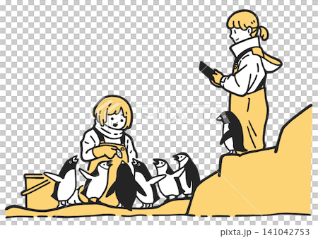 ヒゲペンギンやアデリーペンギンに給餌をしている飼育員たちの黄色イラスト ヒゲペンギンやアデリーペンギンに給餌をしている飼育員たちの黄色イラスト 141042753