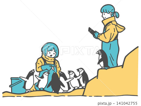 ヒゲペンギンやアデリーペンギンに給餌をしている飼育員たちのカラフルイラスト ヒゲペンギンやアデリーペンギンに給餌をしている飼育員たちのカラフルイラスト 141042755