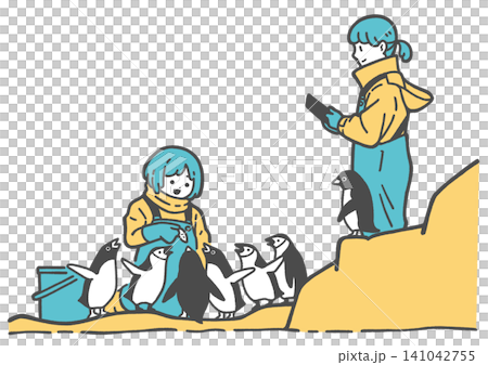 ヒゲペンギンやアデリーペンギンに給餌をしている飼育員たちのカラフルイラスト ヒゲペンギンやアデリーペンギンに給餌をしている飼育員たちのカラフルイラスト 141042755