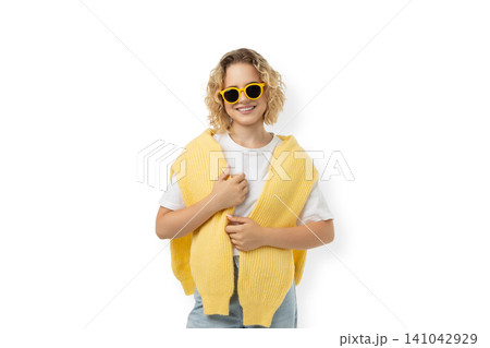 Woman wears yellow sweater and sunglasses with smile, PNG Woman wears yellow sweater and sunglasses with smile, PNG 141042929