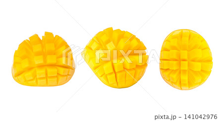 Set, Freshly cut mango reveals juicy cubes ready for culinary presentations, PNG Set, Freshly cut mango reveals juicy cubes ready for culinary presentations, PNG 141042976