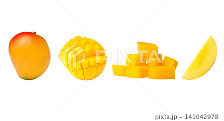 Set, Fresh mangoes displayed in various forms. Unique mango concept for graphic design, PNG Set, Fresh mangoes displayed in various forms. Unique mango concept for graphic design, PNG 141042978