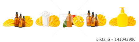 Set, Mango-inspired skincare products arranged alongside fresh mango slices, PNG Set, Mango-inspired skincare products arranged alongside fresh mango slices, PNG 141042980