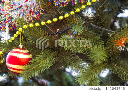 Decorated Christmas tree, sparkling and fairy background with copy space. New Year background with free text place. Christmas decorations concept Decorated Christmas tree, sparkling and fairy background with copy space. New Year background with free text place. Christmas decorations concept 141043846