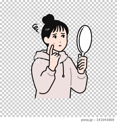 A simple vector illustration of a young woman with her hair tied up, looking in a hand mirror and worrying about skin problems. A simple vector illustration of a young woman with her hair tied up, looking in a hand mirror and worrying about skin problems. 141043869