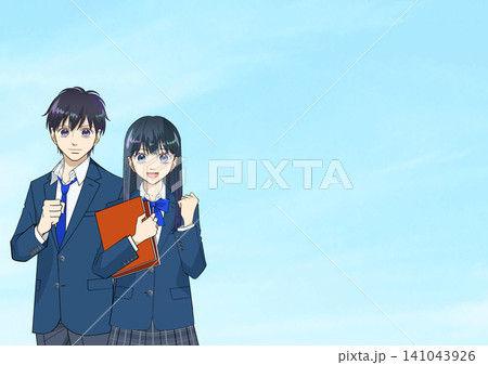笑顔でガッツポーズをする高校生または中学生の男女のアニメ風イラスト、青空背景 笑顔でガッツポーズをする高校生または中学生の男女のアニメ風イラスト、青空背景 141043926