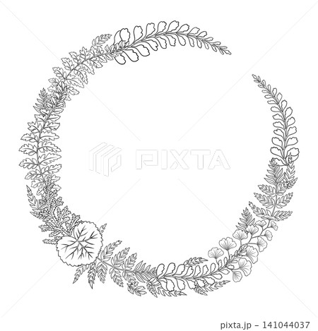 Fern leaves thin outline vector wreath. Hand drawn round botanical frame with black foliage and copy space. Decorative template for wedding card label. Woodland nature logo for floral decoration. Fern leaves thin outline vector wreath. Hand drawn round botanical frame with black foliage and copy space. Decorative template for wedding card label. Woodland nature logo for floral decoration. 141044037