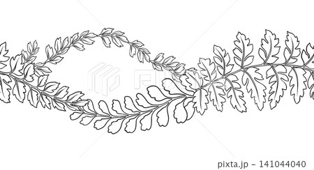 Fern leaves curved seamless border in outline art style. Hand drawn black and white botanical element with textured foliage. Perfect for decorative woodland natural template and sustainable designs. Fern leaves curved seamless border in outline art style. Hand drawn black and white botanical element with textured foliage. Perfect for decorative woodland natural template and sustainable designs. 141044040