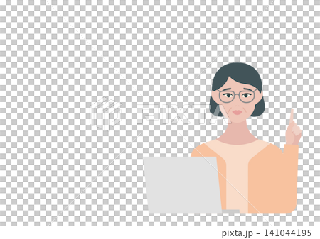 一位中年婦女在電腦前講解某事的向量插圖。 一位中年婦女在電腦前講解某事的向量插圖。 141044195