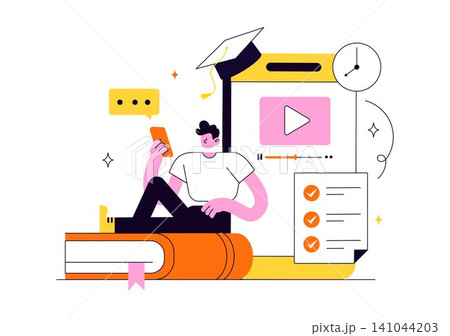 Online Course Vector Illustration Featuring E Learning Platform, Virtual Education, Video Lessons, Digital Distance Learning, And Online Training 141044203