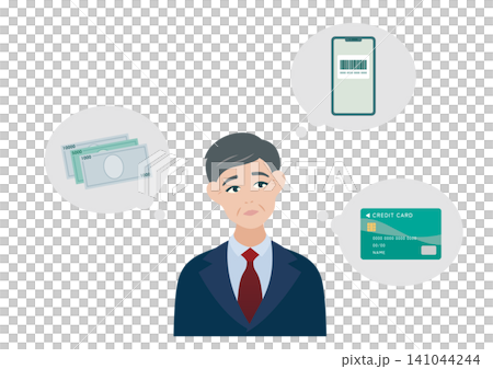 決済方法に悩む中年男性のベクターイラスト素材 決済方法に悩む中年男性のベクターイラスト素材 141044244