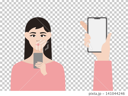 一組向量插圖,描繪了一位女士看著她的智慧型手機和智慧型手機螢幕。 一組向量插圖,描繪了一位女士看著她的智慧型手機和智慧型手機螢幕。 141044246