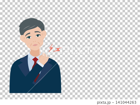 Vector illustration of a middle-aged man suffering from stiff shoulders. Vector illustration of a middle-aged man suffering from stiff shoulders. 141044263