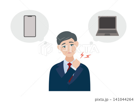 デスクワークで肩凝りに悩む中年男性のベクターイラスト素材 デスクワークで肩凝りに悩む中年男性のベクターイラスト素材 141044264