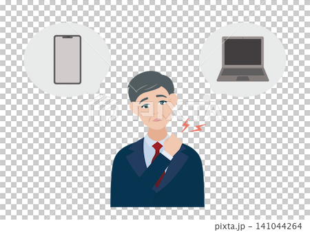 デスクワークで肩凝りに悩む中年男性のベクターイラスト素材 デスクワークで肩凝りに悩む中年男性のベクターイラスト素材 141044264
