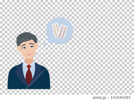 Vector illustration of a pill and a middle-aged man. Vector illustration of a pill and a middle-aged man. 141044265