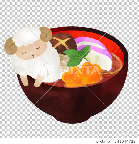 一幅可愛的綿羊和年湯(日本新年湯)插圖。羊年。 一幅可愛的綿羊和年湯(日本新年湯)插圖。羊年。 141044728