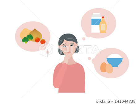 献立・食費に悩む中年女性のベクターイラスト素材 献立・食費に悩む中年女性のベクターイラスト素材 141044739