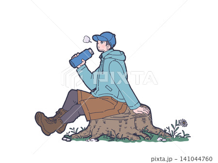 アウトドア中に切り株に座って水分補給をする男性のイラスト アウトドア中に切り株に座って水分補給をする男性のイラスト 141044760