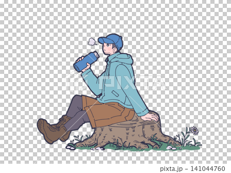 アウトドア中に切り株に座って水分補給をする男性のイラスト アウトドア中に切り株に座って水分補給をする男性のイラスト 141044760