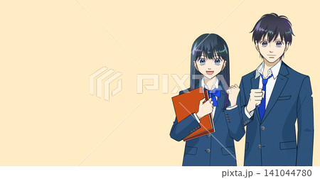笑顔でガッツポーズをする高校生または中学生の男女のアニメ風イラスト、温かみのあるカラー背景 笑顔でガッツポーズをする高校生または中学生の男女のアニメ風イラスト、温かみのあるカラー背景 141044780