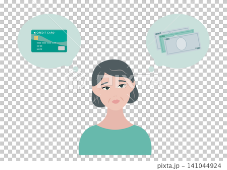 Vector illustration of a middle-aged woman struggling to decide on a payment method (card/cash). Vector illustration of a middle-aged woman struggling to decide on a payment method (card/cash). 141044924