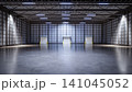 Empty factory interior fully enclosed with rolling shutter door 141045052