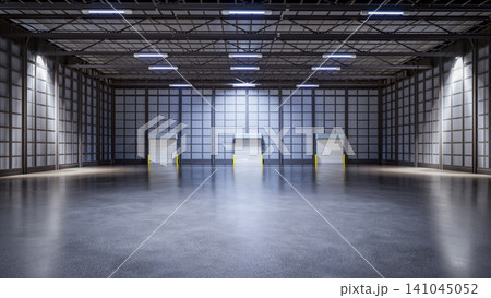 Empty factory interior fully enclosed with rolling shutter door Empty factory interior fully enclosed with rolling shutter door 141045052