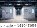 3d rendering group of energy storage systems or battery container units in factory 141045054