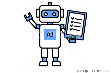 チェックリストを持つAIロボットの全身イラスト 自動管理やタスク最適化のイメージ ベクター 141045065