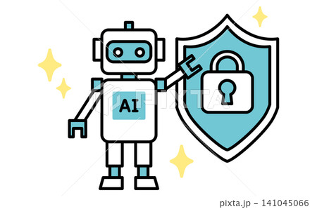 鍵マークの盾を持つAIロボットの全身イラスト サイバーセキュリティや情報保護のイメージ ベクター 141045066