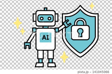 鍵マークの盾を持つAIロボットの全身イラスト サイバーセキュリティや情報保護のイメージ ベクター 141045066
