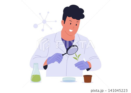 Illustration of Botanist Inspecting Plant Sprout with Magnifier Illustration of Botanist Inspecting Plant Sprout with Magnifier 141045223