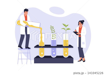Illustration of Botanist Pouring Liquid into Large Test Tubes 141045226