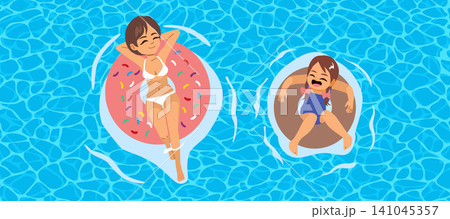 Mother and Daughter Relaxing in Inflatable Ring at Swimming Pool Mother and Daughter Relaxing in Inflatable Ring at Swimming Pool 141045357