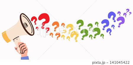 Vector Cartoon Illustration Of Megaphone Spreading Rainbow Question Marks Background Curiosity Concept 141045422